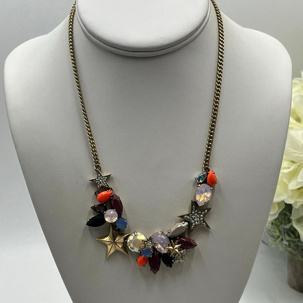 J. Crew Fruit Salad AB CrystalsAcrylic Gems w/ Stars Necklace‎ 18"Gold Plated